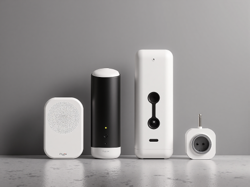 Modern electronic devices and smart home products arranged on white surface, various smart speakers and home automation devices