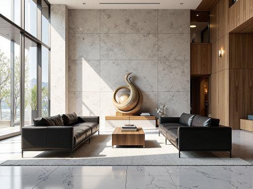 Modern furniture and home decor items arranged in living room setting, contemporary design elements