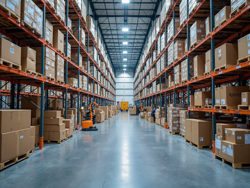 Professional warehouse facility with organized storage shelves, modern logistics equipment, workers handling packages, industrial setting
